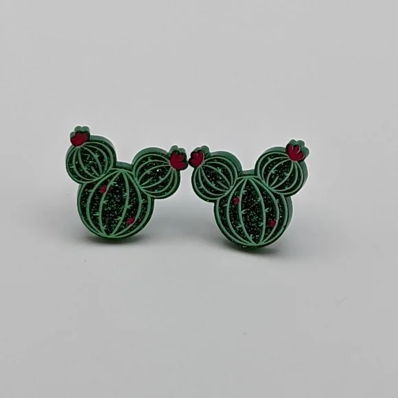 Mickey Mouse cactus green glitter acrylic stud earrings - Picture 5 of 6